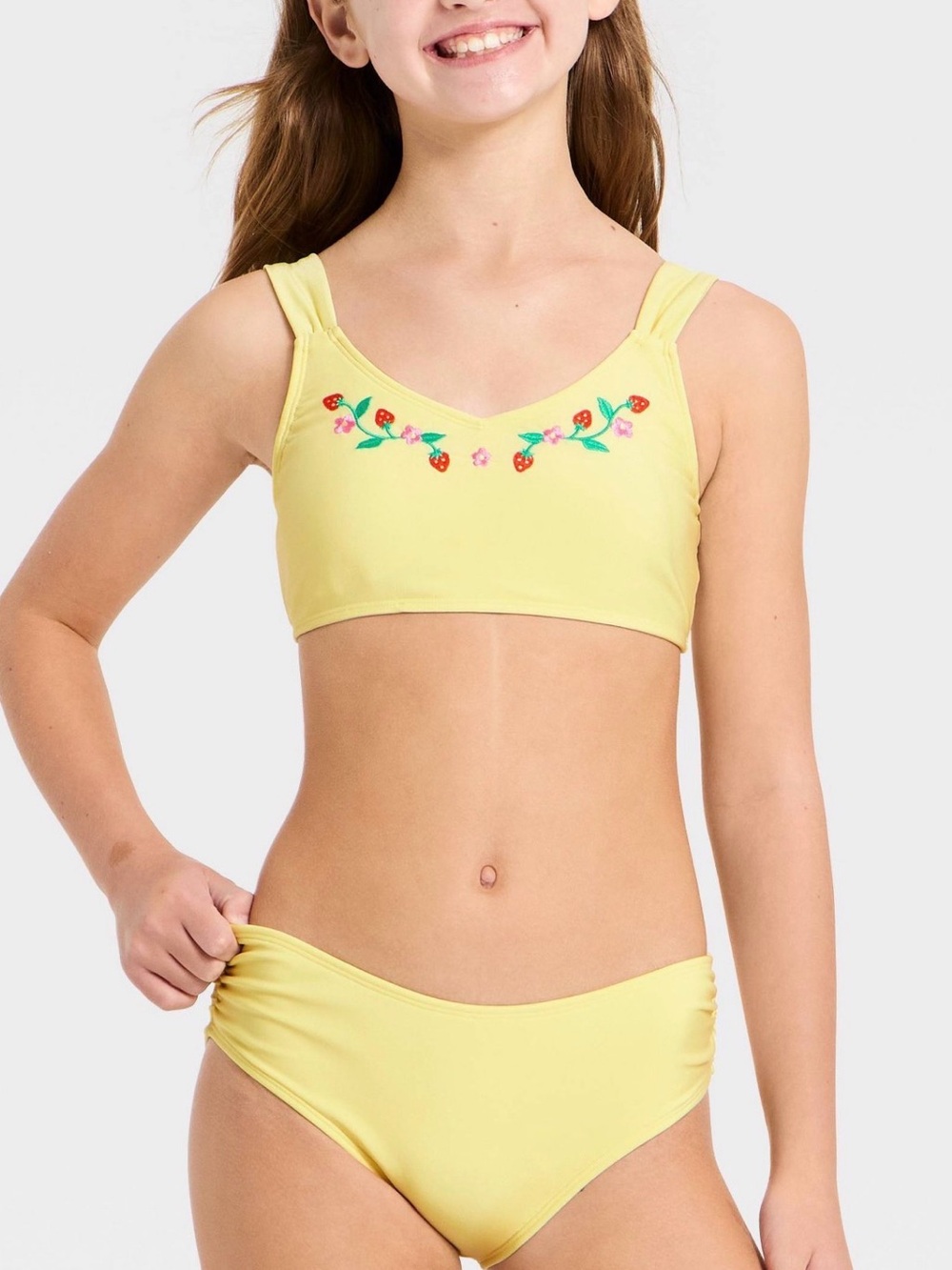 a new day Yellow Girls Bikini Set with Strawberry Embroidery